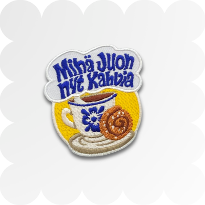 MINÄ JUON NYT KAHVIA-kangasmerkki